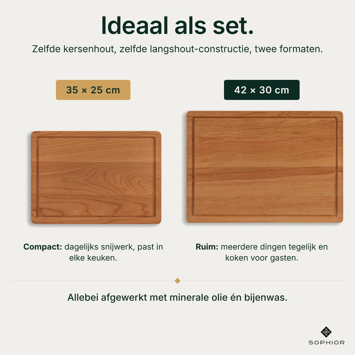 Houten Snijplankenset Kersen - 2 Planken - infographic maatkeuze