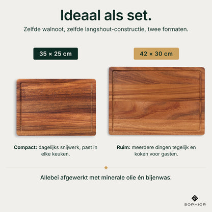Maatkeuze Houten Snijplankenset Walnoot: 35×25 cm compact voor dagelijks snijwerk en 42×30 cm ruim voor meerdere dingen tegelijk, afgewerkt met minerale olie en bijenwas