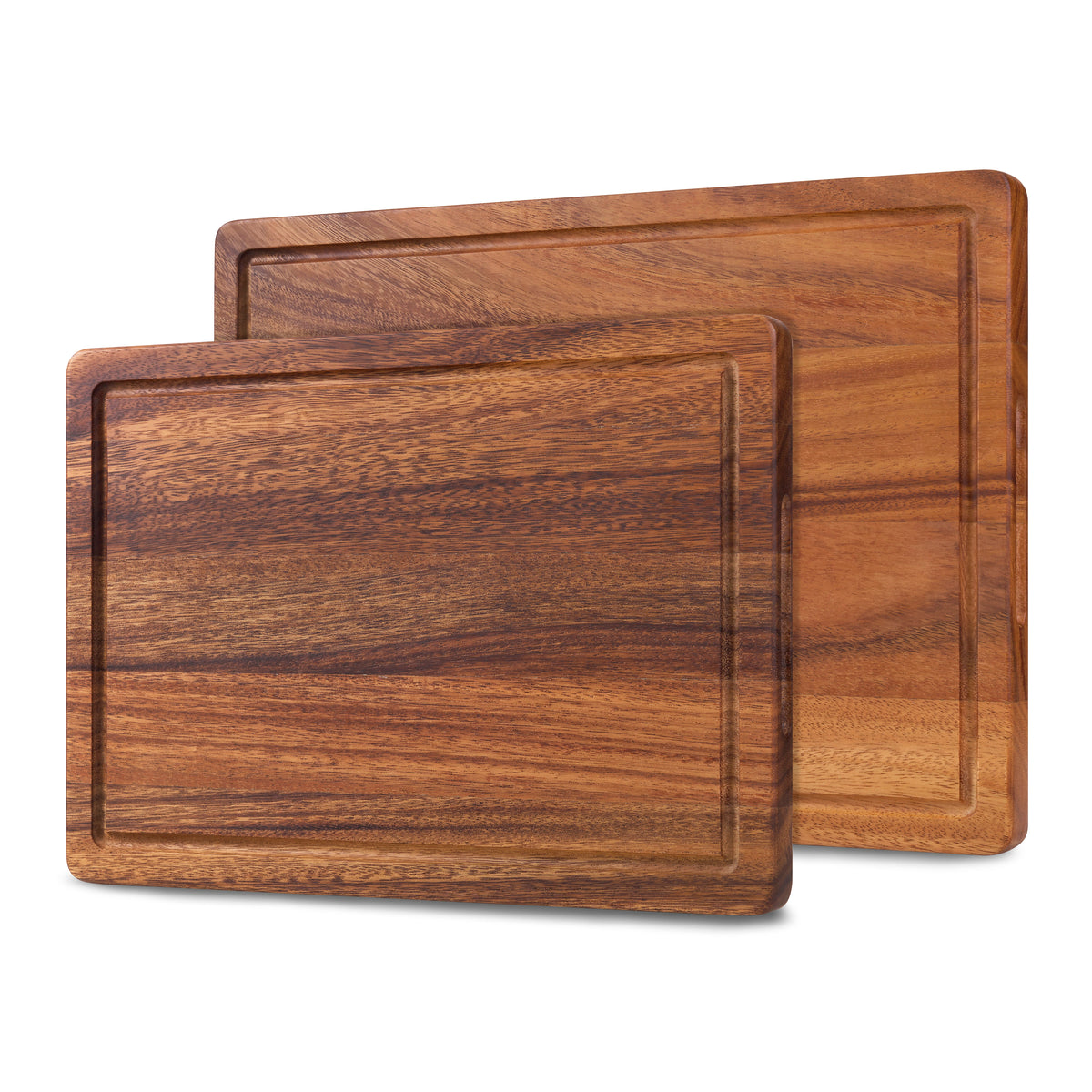 Houten snijplankenset walnoot langshout met planken van 35×25 en 42×30 cm, schuin van voren gezien
