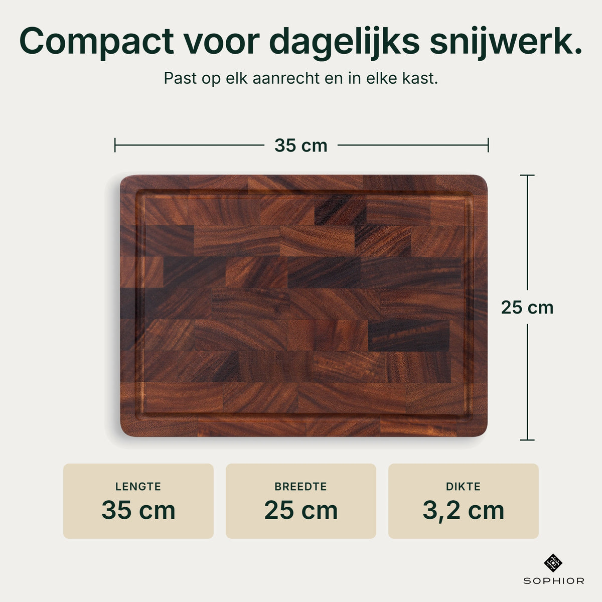 Houten Snijplankenset Walnoot Kopshout - 2 Planken - infographic afmetingen 35×25