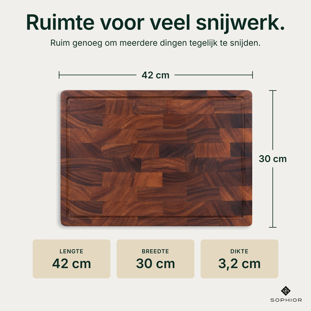 Houten Snijplankenset Walnoot Kopshout - 2 Planken - infographic afmetingen 42×30