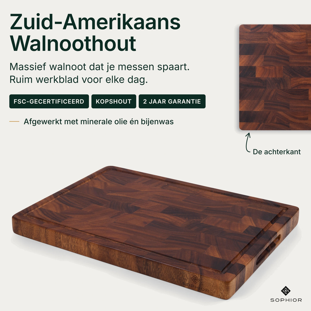 Houten Snijplankenset Walnoot Kopshout - 2 Planken - infographic hero 42×30