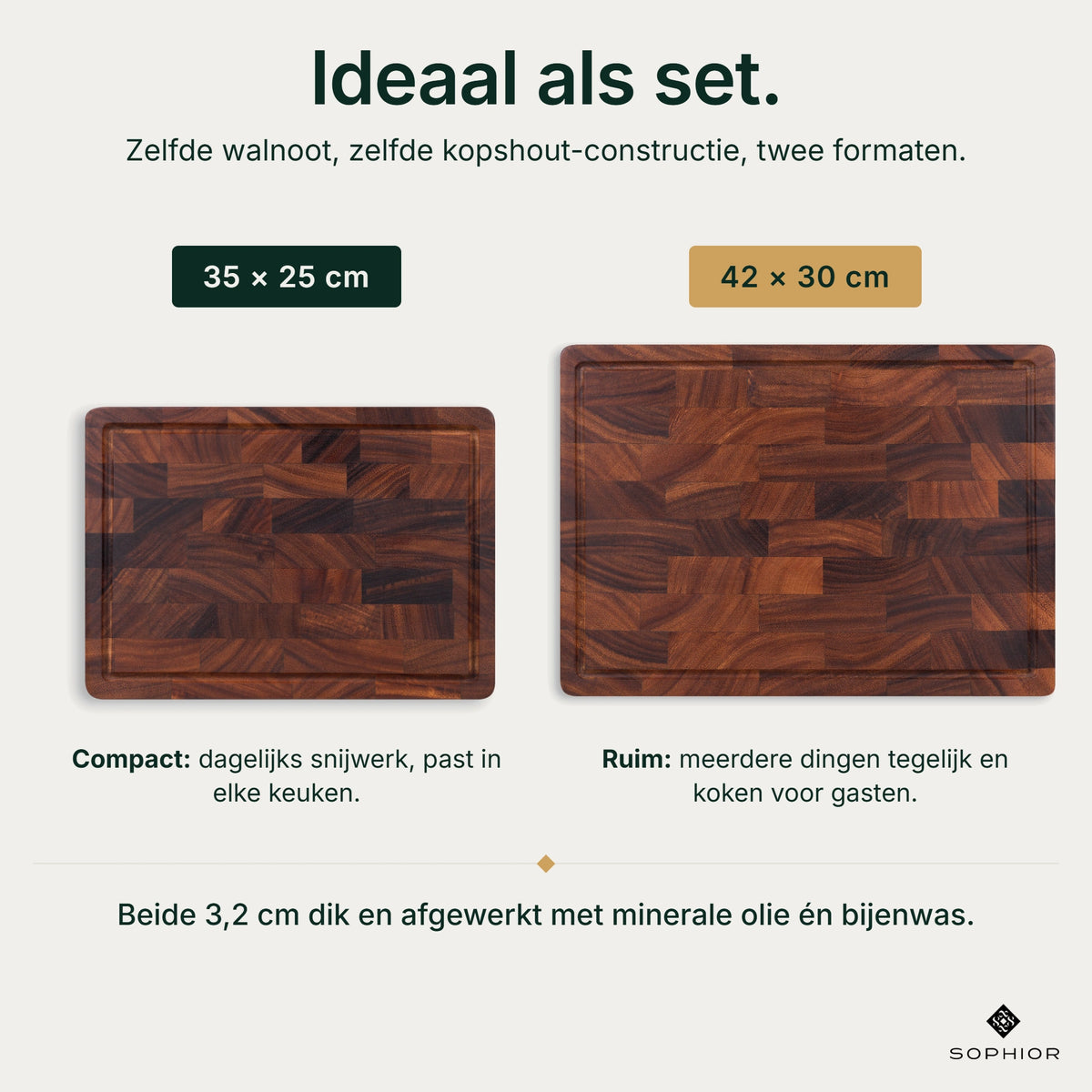 Maatkeuze Houten Snijplankenset Walnoot Kopshout: 35×25 cm compact voor dagelijks snijwerk en 42×30 cm ruim voor meerdere dingen tegelijk, beide 3,2 cm dik