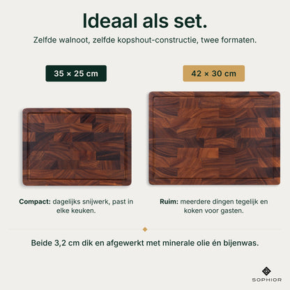 Maatkeuze Houten Snijplankenset Walnoot Kopshout: 35×25 cm compact voor dagelijks snijwerk en 42×30 cm ruim voor meerdere dingen tegelijk, beide 3,2 cm dik