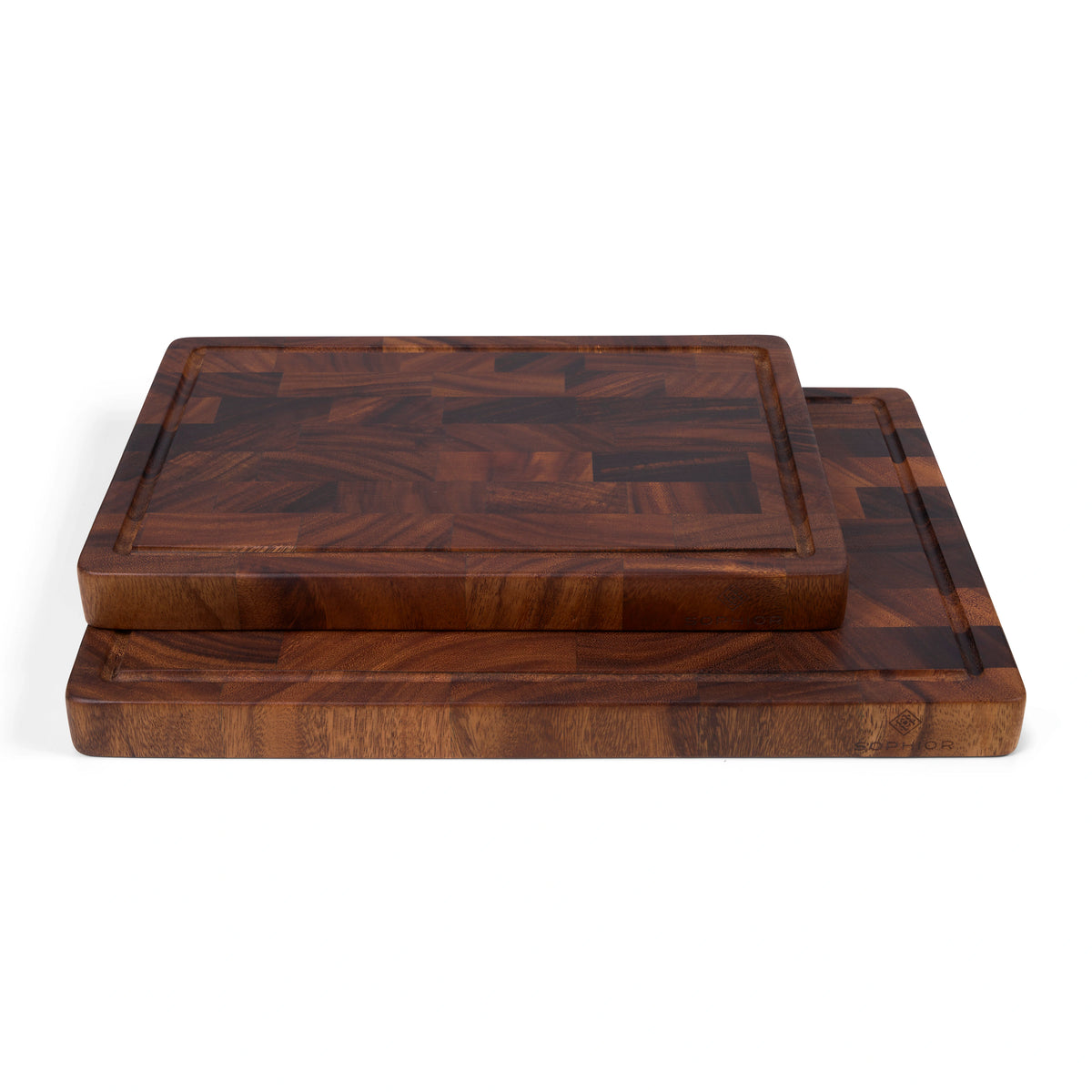 Houten snijplankenset walnoot kopshout, planken van 35×25 en 42×30 cm gestapeld