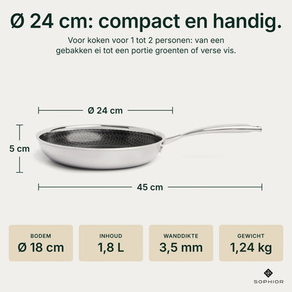 Afmetingen Hybride Koekenpan Ø24 cm: 5 cm hoog, 45 cm lang met handvat, bodem Ø18 cm, inhoud 1,8 liter, wanddikte 3,5 mm, gewicht 1,24 kg