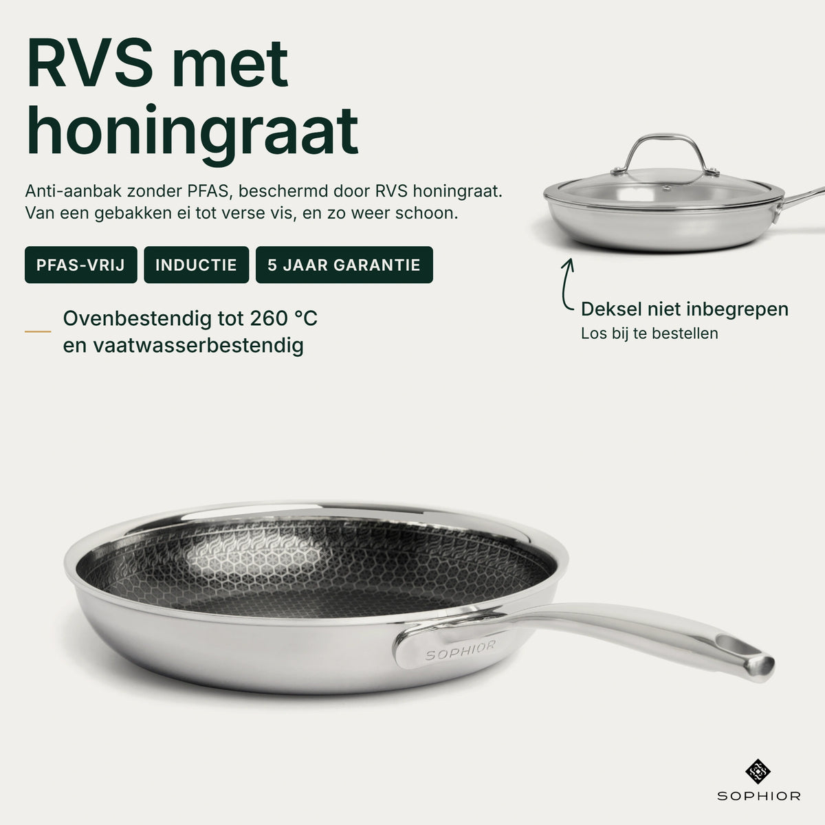 Infographic Hybride Koekenpan Ø24 cm: RVS met honingraat, anti-aanbak zonder PFAS, geschikt voor inductie, 5 jaar garantie, ovenbestendig tot 260 °C en vaatwasserbestendig