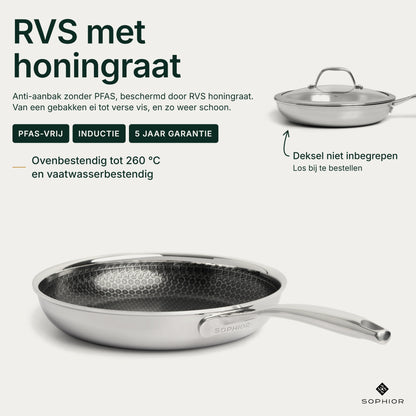 Infographic Hybride Koekenpan Ø24 cm: RVS met honingraat, anti-aanbak zonder PFAS, geschikt voor inductie, 5 jaar garantie, ovenbestendig tot 260 °C en vaatwasserbestendig