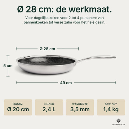 Afmetingen Hybride Koekenpan Ø28 cm: 5 cm hoog, 49 cm lang met handvat, bodem Ø20 cm, inhoud 2,4 liter, wanddikte 3,5 mm, gewicht 1,4 kg