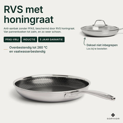 Infographic Hybride Koekenpan Ø28 cm: RVS met honingraat, anti-aanbak zonder PFAS, geschikt voor inductie, 5 jaar garantie, ovenbestendig tot 260 °C en vaatwasserbestendig