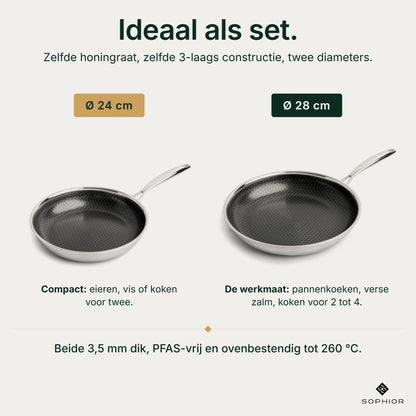 Maatkeuze Hybride Koekenpannenset: Ø24 cm compact voor koken voor twee en Ø28 cm als werkmaat voor 2 tot 4 personen, beide 3,5 mm dik, PFAS-vrij en ovenbestendig tot 260 °C