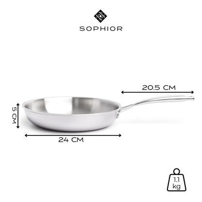 RVS koekenpan Ø24 cm infographic met afmetingen 24 cm diameter en 1,1 kg gewicht