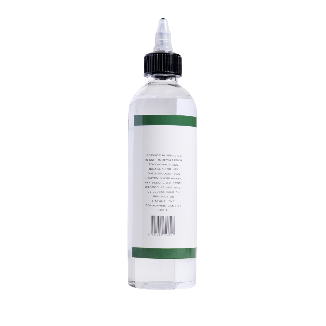 SOPHIOR minerale olie voor houten snijplanken 250 ml, achterkant van de fles