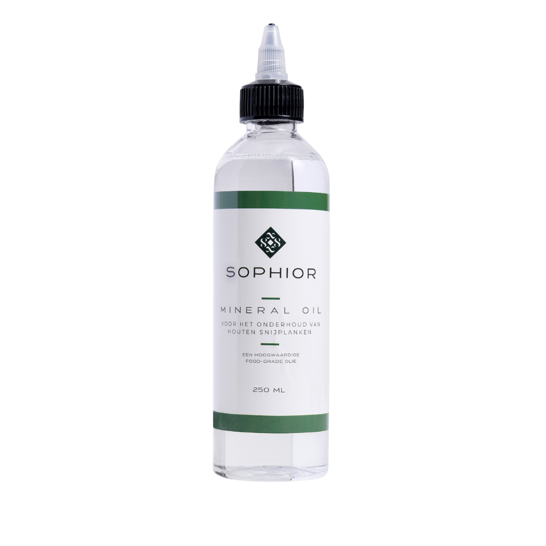 SOPHIOR minerale olie voor houten snijplanken 250 ml, vooraanzicht van de fles