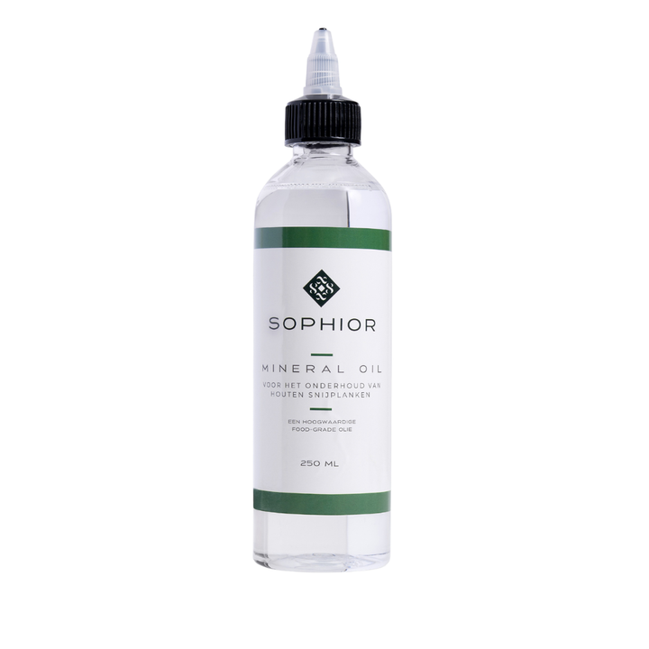 SOPHIOR minerale olie voor houten snijplanken 250 ml, vooraanzicht van de fles