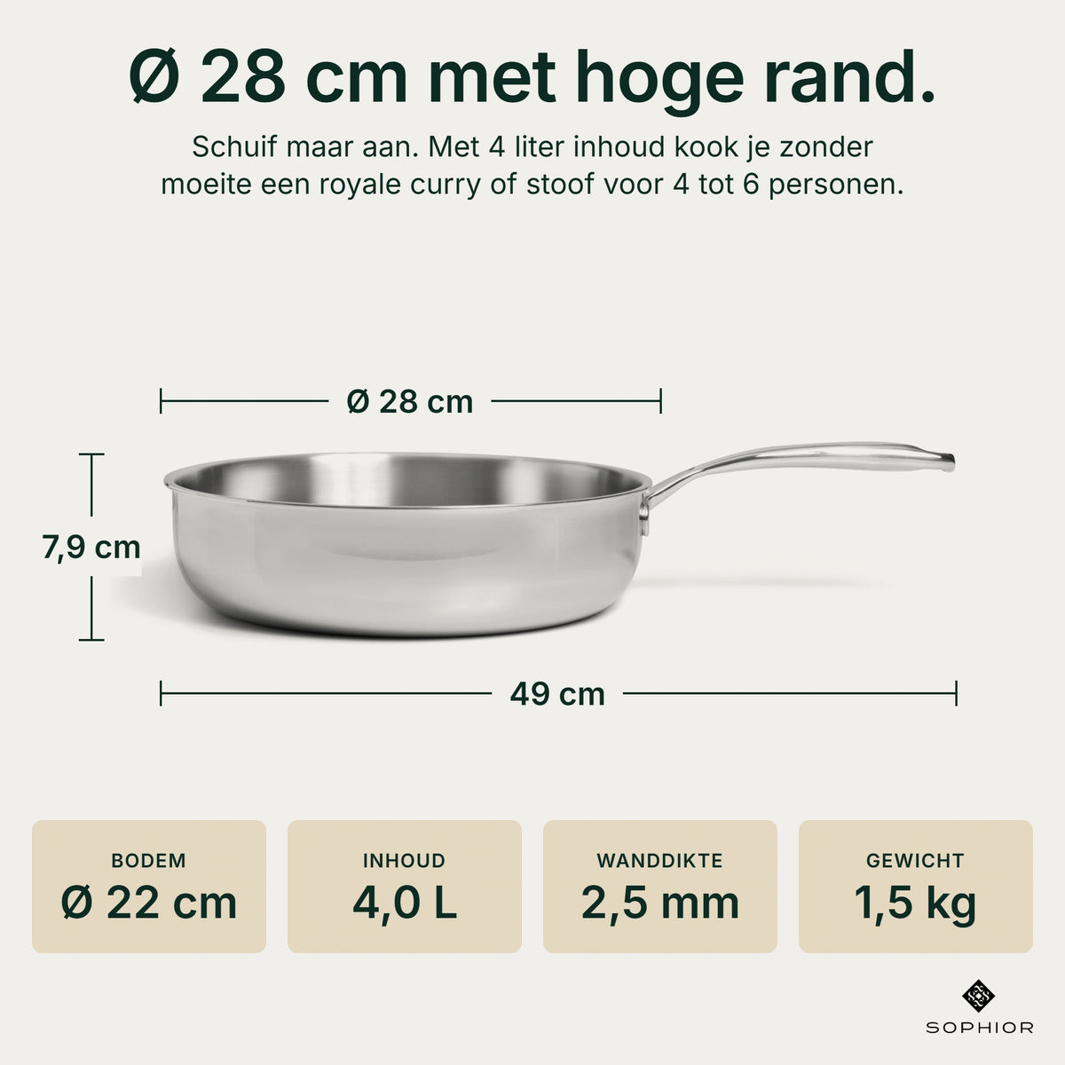 Afmetingen RVS Hapjespan Ø28 cm: 7,9 cm hoog, 49 cm lang met handvat, bodem Ø22 cm, inhoud 4 liter, wanddikte 2,5 mm, gewicht 1,5 kg