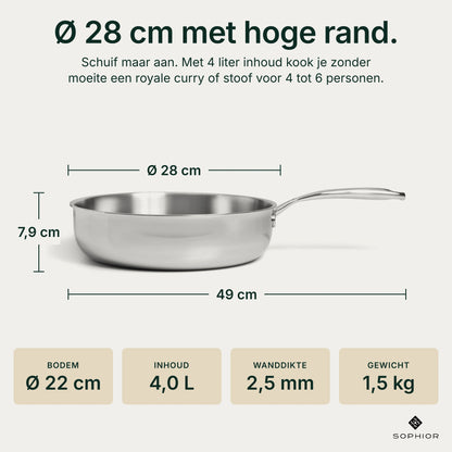 Afmetingen RVS Hapjespan Ø28 cm: 7,9 cm hoog, 49 cm lang met handvat, bodem Ø22 cm, inhoud 4 liter, wanddikte 2,5 mm, gewicht 1,5 kg