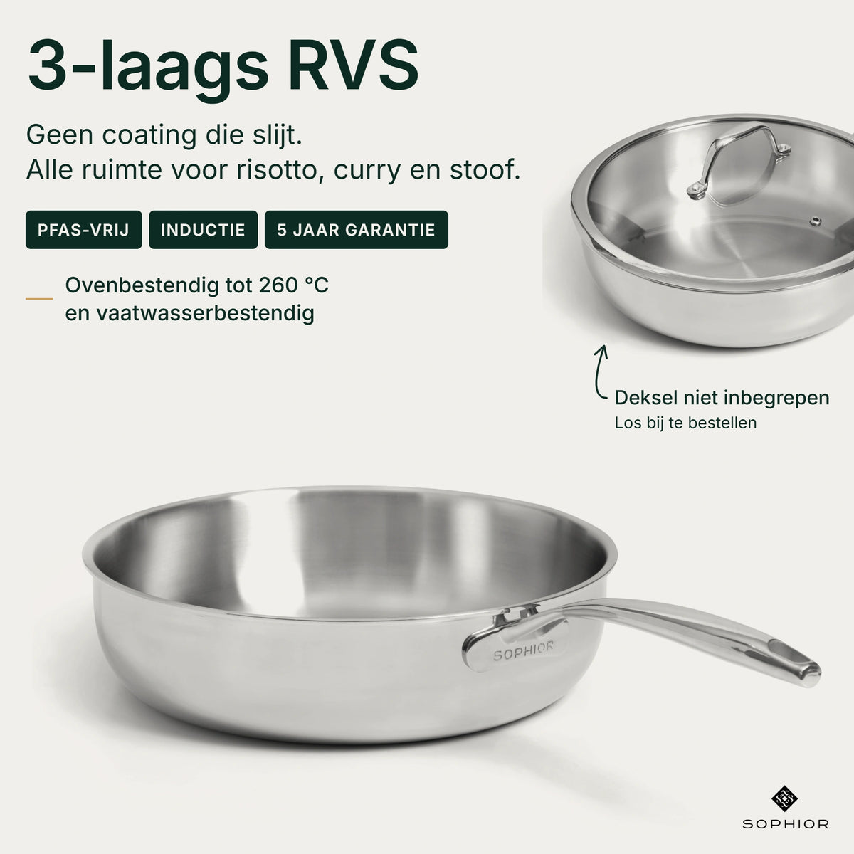 Infographic RVS Hapjespan Ø28 cm: 3-laags RVS zonder coating voor risotto, curry en stoof, PFAS-vrij, geschikt voor inductie, 5 jaar garantie, ovenbestendig tot 260 °C