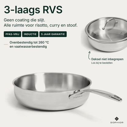 Infographic RVS Hapjespan Ø28 cm: 3-laags RVS zonder coating voor risotto, curry en stoof, PFAS-vrij, geschikt voor inductie, 5 jaar garantie, ovenbestendig tot 260 °C