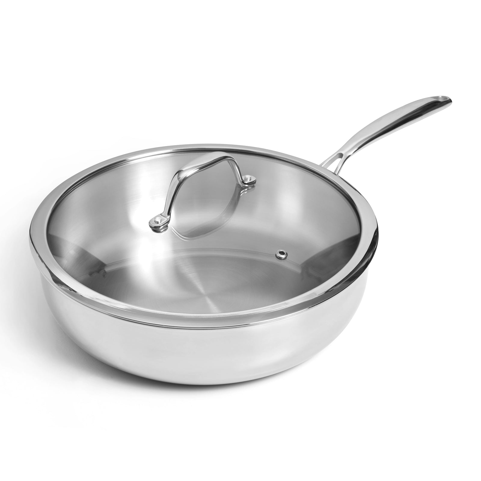 SOPHIOR RVS hapjespan 28 cm met glazen deksel schuin vooraanzicht