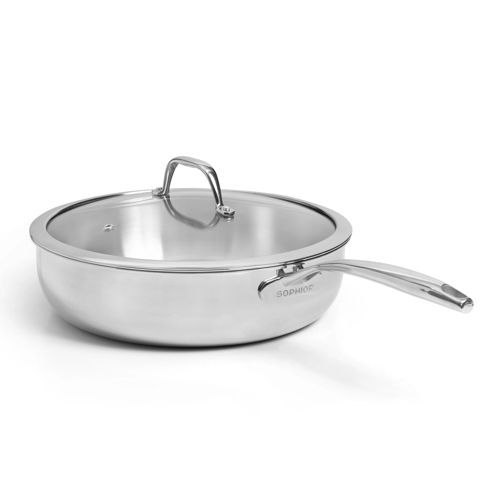 SOPHIOR RVS hapjespan 28 cm met glazen deksel en SOPHIOR-logo zichtbaar