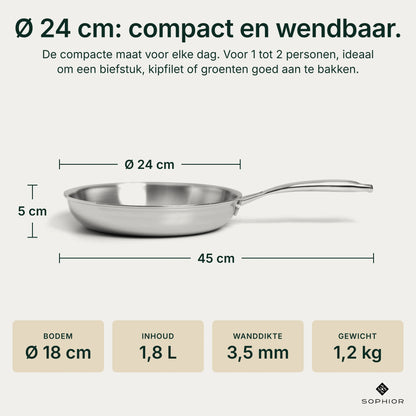 Afmetingen RVS Koekenpan Ø24 cm: 5 cm hoog, 45 cm lang met handvat, bodem Ø18 cm, inhoud 1,8 liter, wanddikte 3,5 mm, gewicht 1,2 kg