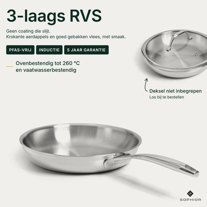 Infographic RVS Koekenpan Ø24 cm: 3-laags RVS zonder coating, PFAS-vrij, geschikt voor inductie, 5 jaar garantie, ovenbestendig tot 260 °C en vaatwasserbestendig