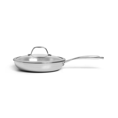 SOPHIOR RVS koekenpan 24 cm met glazen deksel zijaanzicht