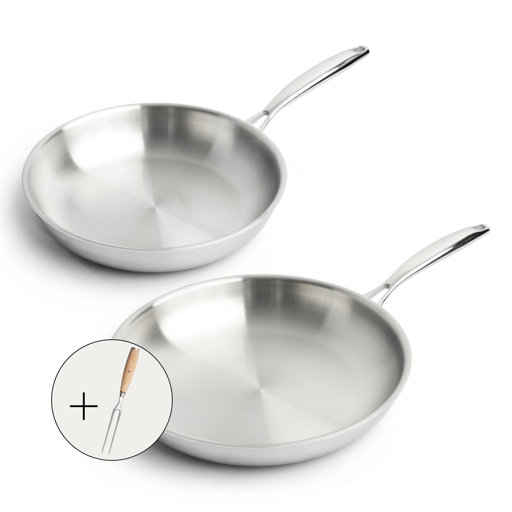 RVS Koekenpannenset 24/28 cm - 3-laags met dikke bodem (3,5 mm) - Inclusief Vleesvork