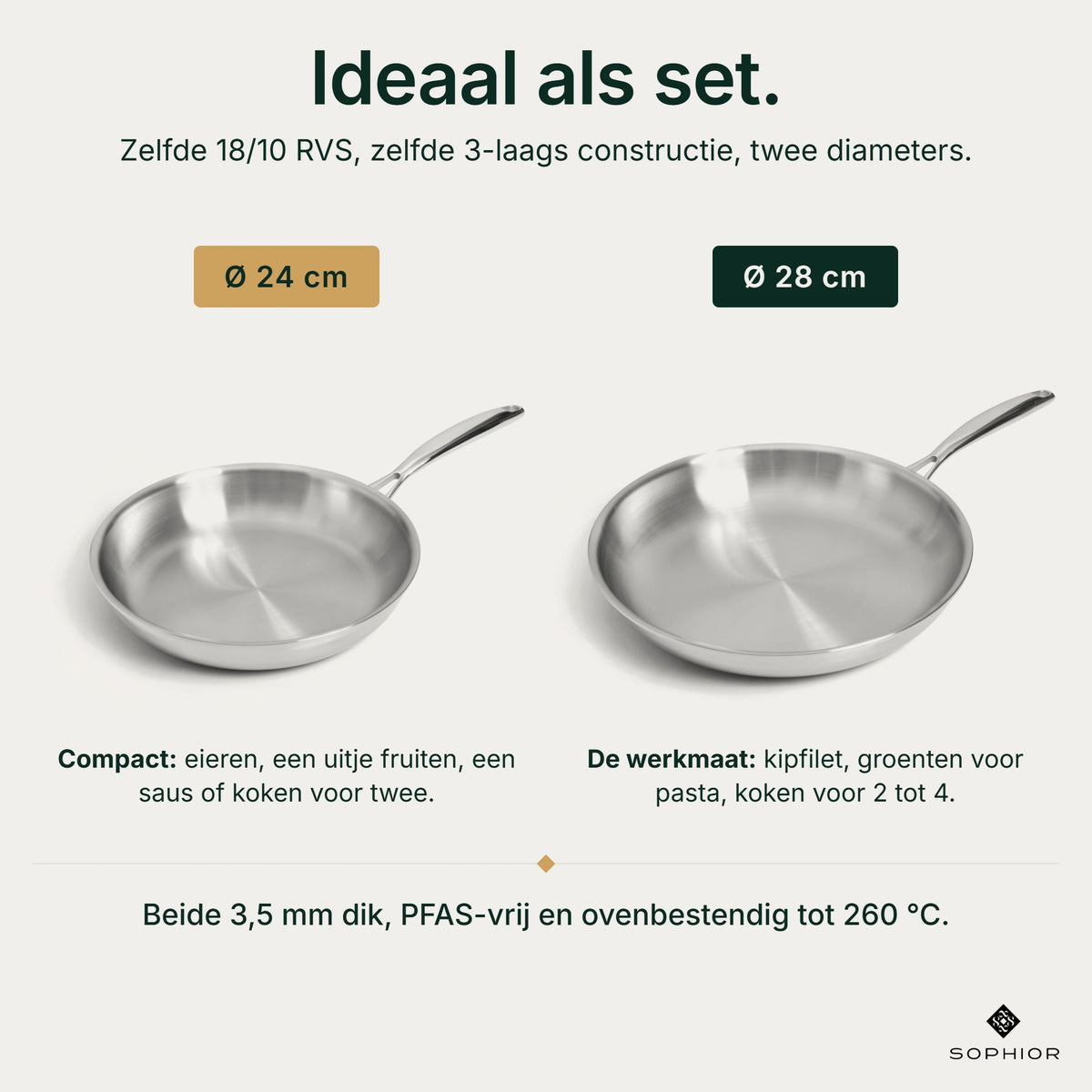 Maatkeuze RVS Koekenpannenset: Ø24 cm compact voor koken voor twee en Ø28 cm als werkmaat voor 2 tot 4 personen, beide 3,5 mm dik, PFAS-vrij en ovenbestendig tot 260 °C
