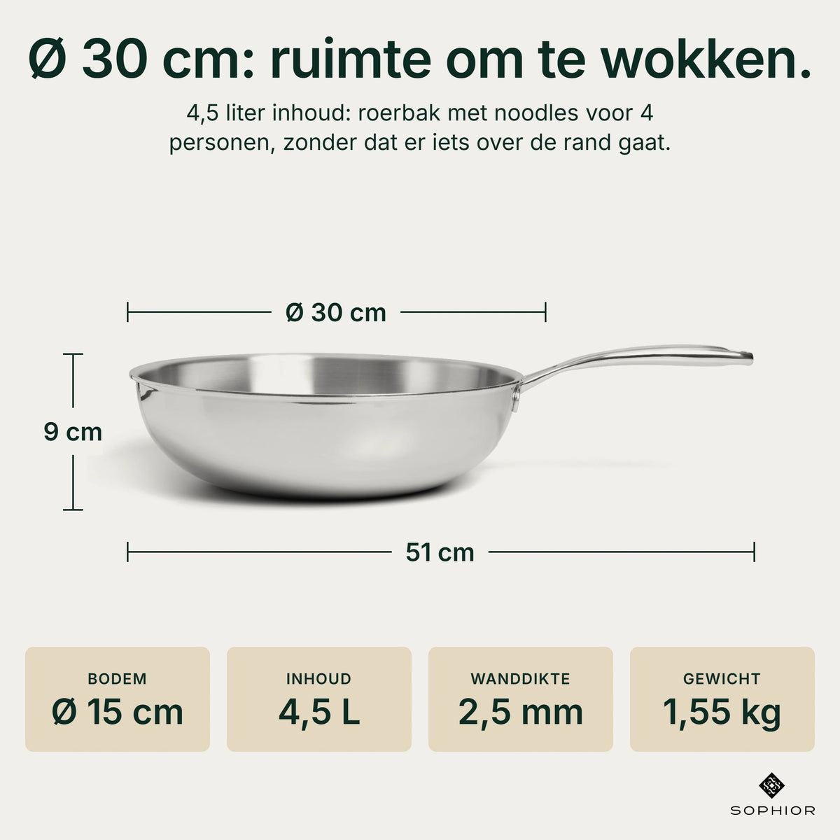 Afmetingen RVS Wokpan Ø30 cm: 9 cm hoog, 51 cm lang met handvat, bodem Ø15 cm, inhoud 4,5 liter, wanddikte 2,5 mm, gewicht 1,55 kg