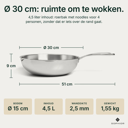 Afmetingen RVS Wokpan Ø30 cm: 9 cm hoog, 51 cm lang met handvat, bodem Ø15 cm, inhoud 4,5 liter, wanddikte 2,5 mm, gewicht 1,55 kg