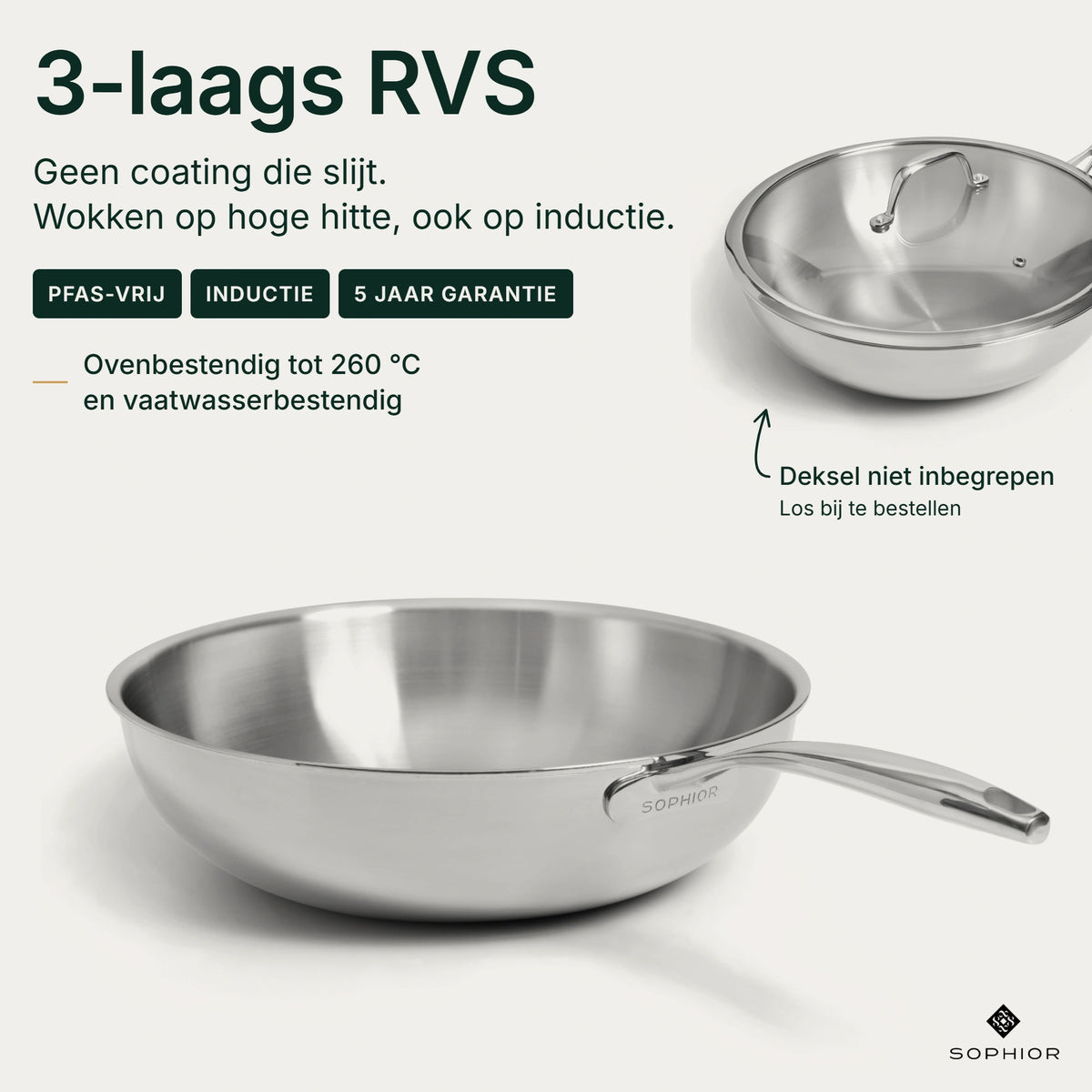 Infographic RVS Wokpan Ø30 cm: 3-laags RVS zonder coating voor wokken op hoge hitte, PFAS-vrij, geschikt voor inductie, 5 jaar garantie, ovenbestendig tot 260 °C