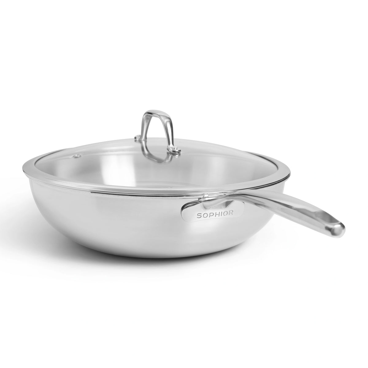 RVS Wokpan Ø30 cm schuin met los verkrijgbaar glazen deksel en SOPHIOR-logo op het handvat