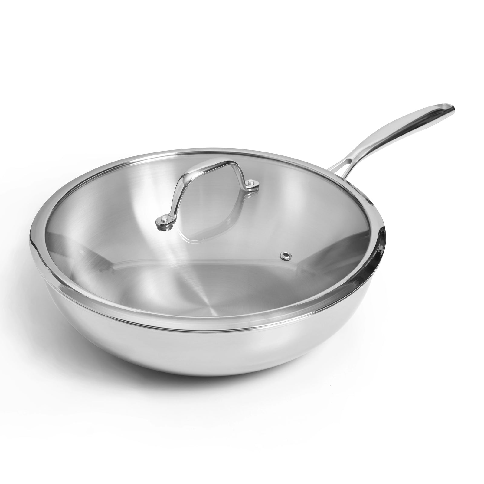 SOPHIOR RVS wokpan 30 cm met glazen deksel schuin vooraanzicht