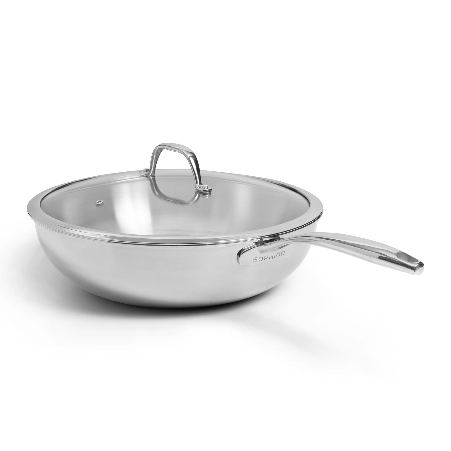 SOPHIOR RVS wokpan 30 cm met glazen deksel en SOPHIOR-logo zichtbaar