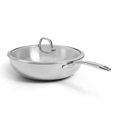 SOPHIOR RVS wokpan 30 cm met glazen deksel en SOPHIOR-logo zichtbaar