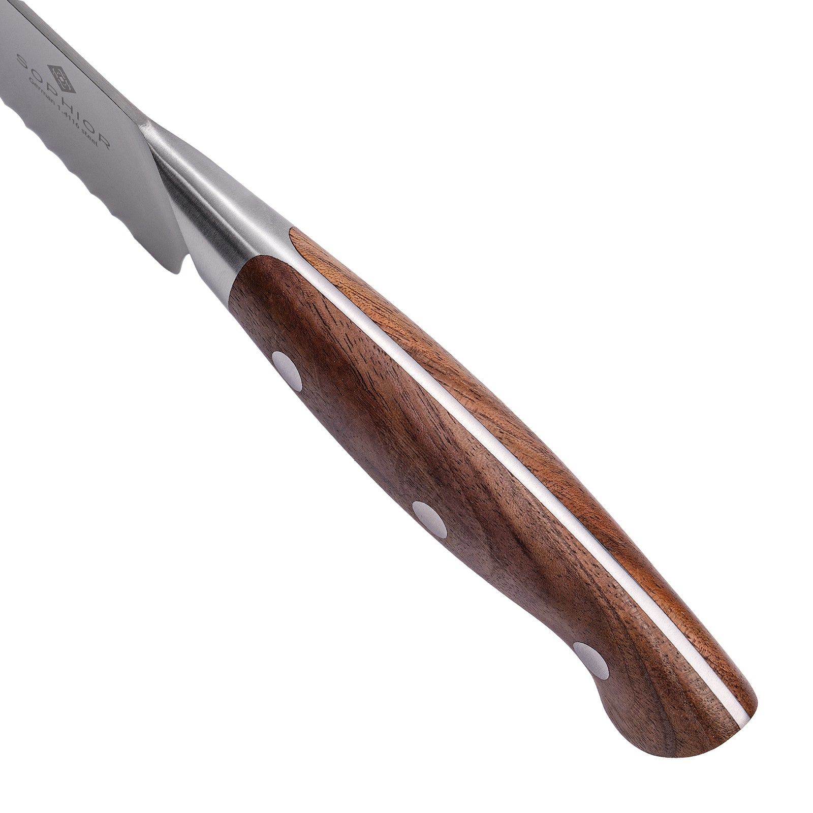 Koksmes 21 cm & Broodmes 22 cm detail van handvat ergonomische vorm en houtnerf