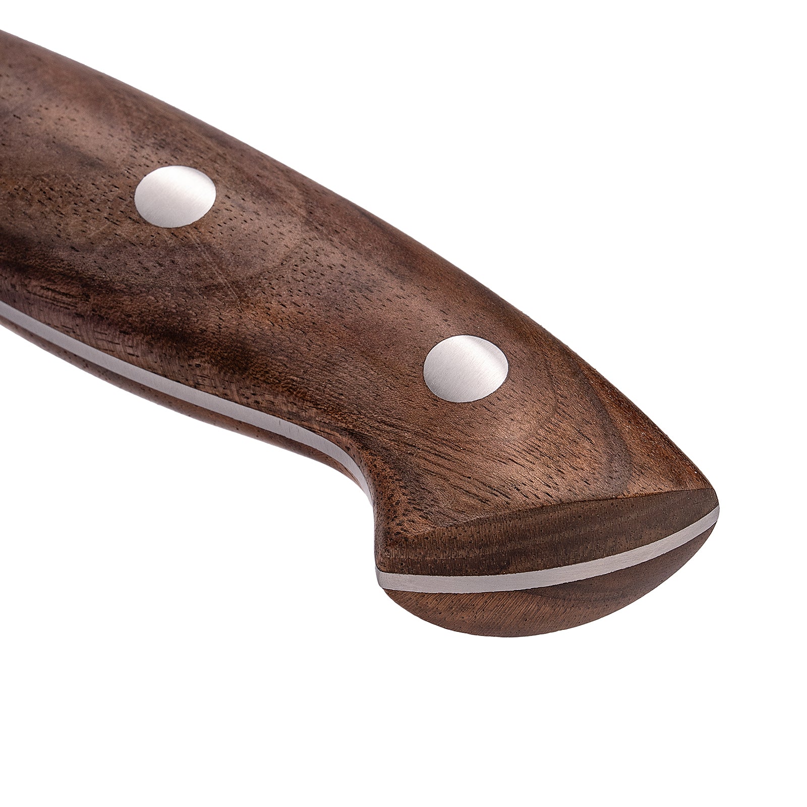 Broodmes 22 cm extreme close-up van walnoothouten handvat met RVS klinknagels