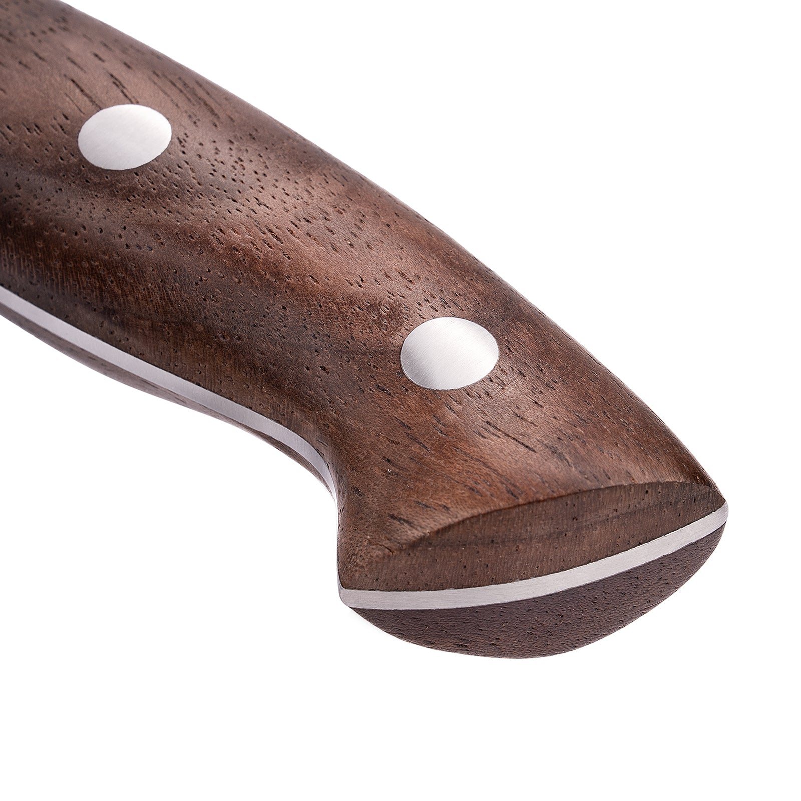 Koksmes 14 cm close-up van walnoothouten handvat met drie zilveren klinknagels