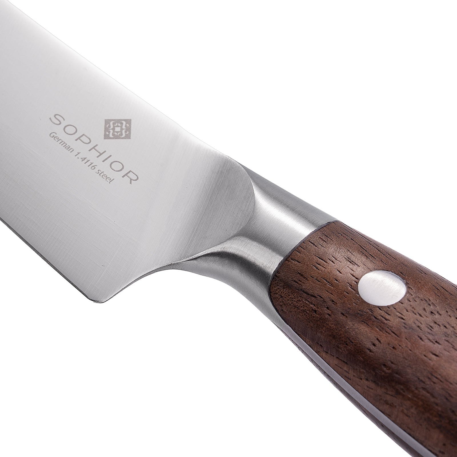 Koksmes 14 cm close-up van lemmet met SOPHIOR logo en German 1.4116 staal markering