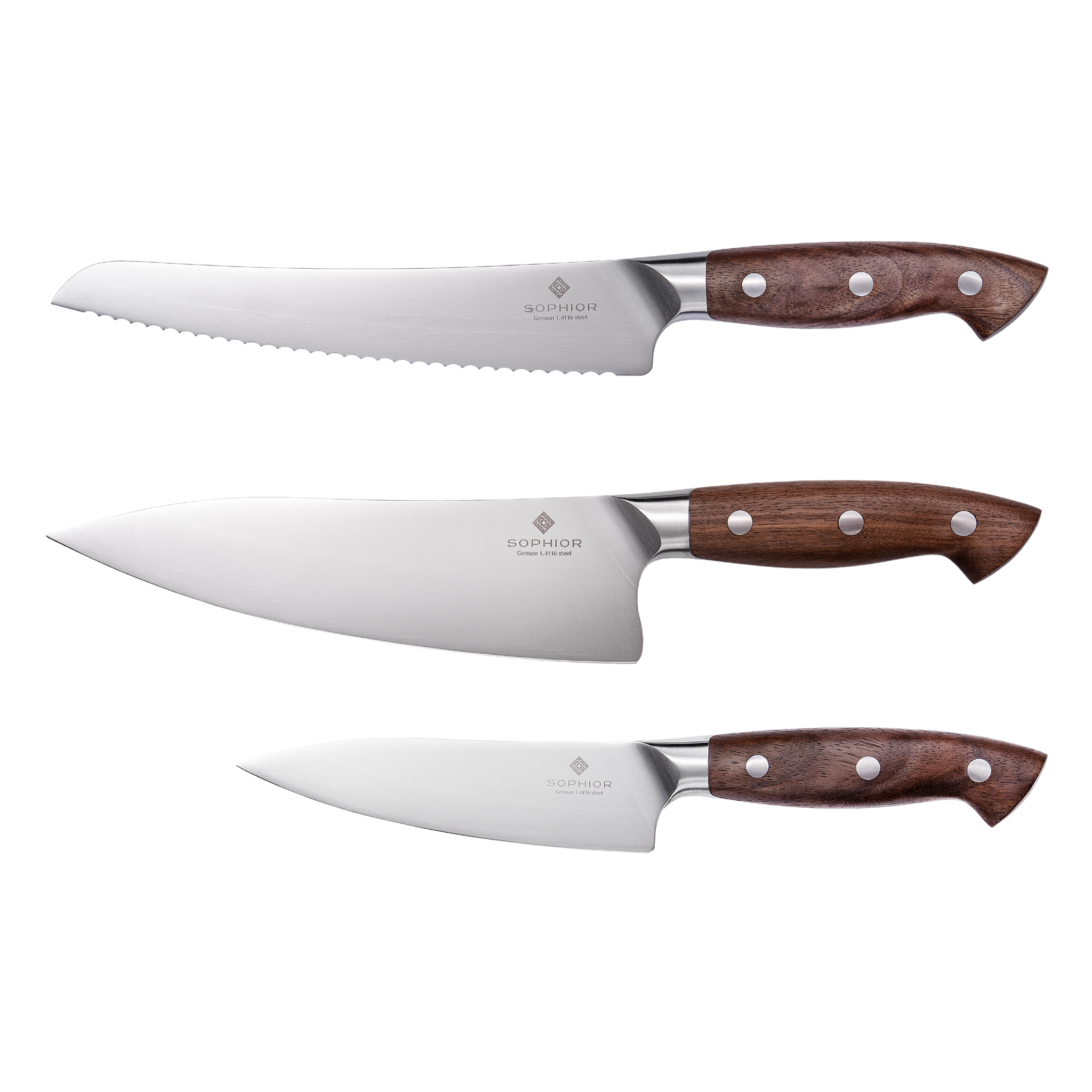 Messenset 3-delig – Duits staal en walnoothouten handvat