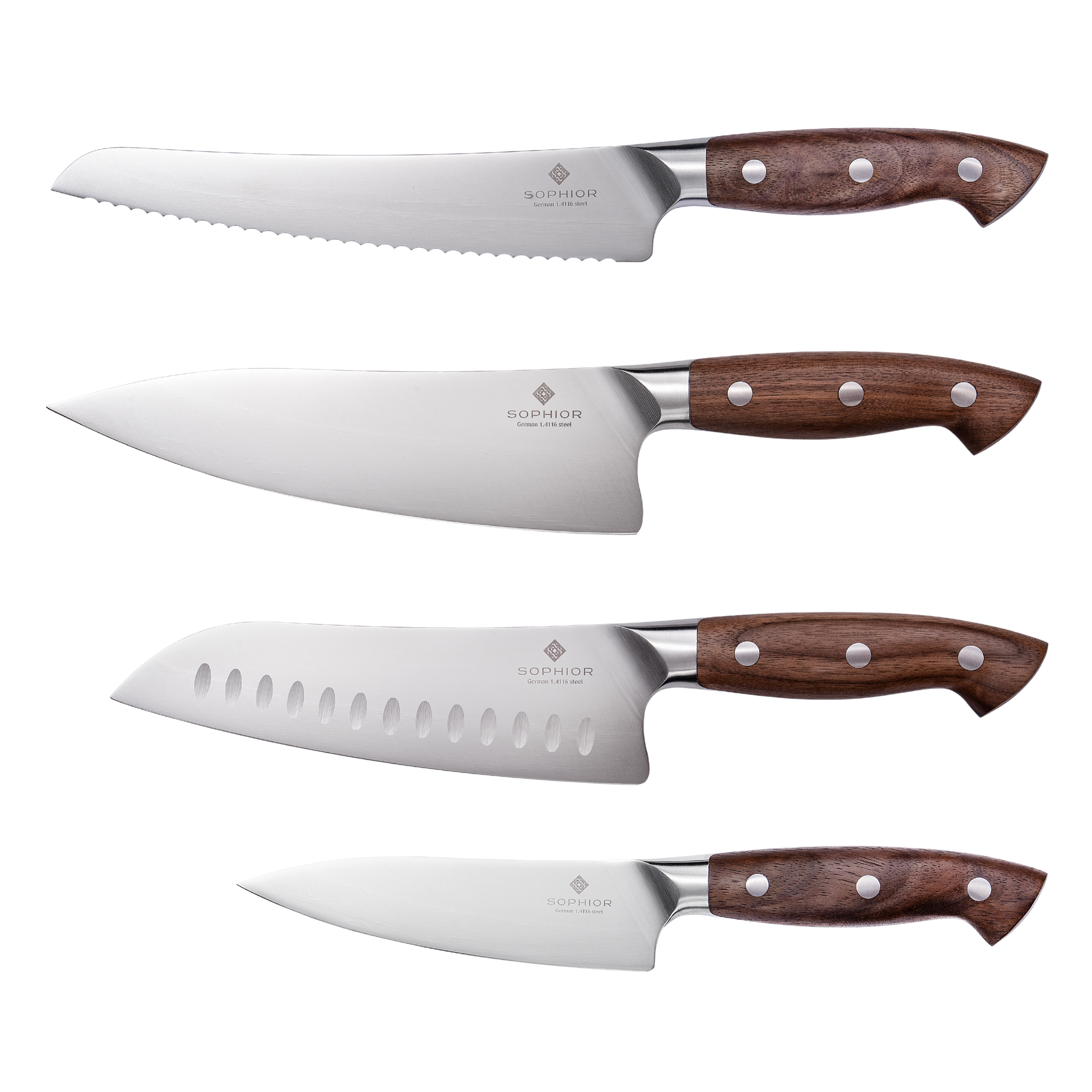 Messenset 4-delig – Duits staal en walnoothouten handvat