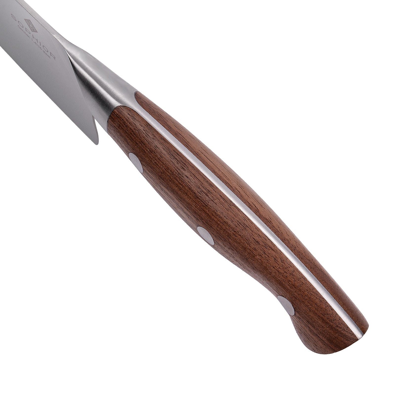 Santoku 19 cm design close-up van handvat-overgang naar Duits 1.4116-staal lemmet