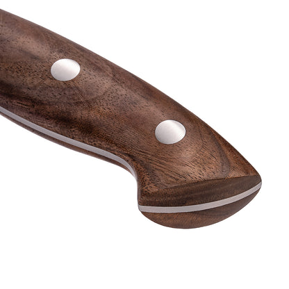 Santoku 19 cm detail van walnoothouten handvat met drie zilverkleurige klinknagels