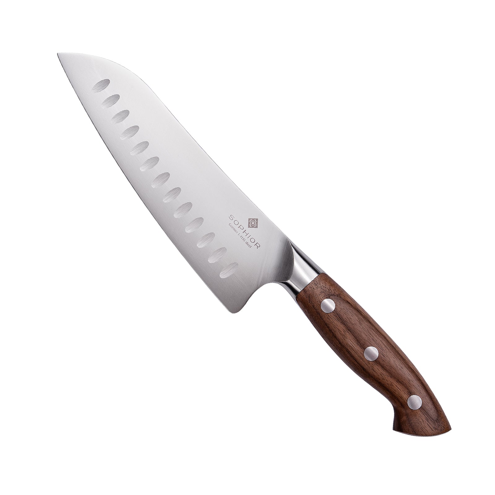 Koksmes 21 cm & Santoku 19 cm Santoku schuin productaanzicht op witte achtergrond
