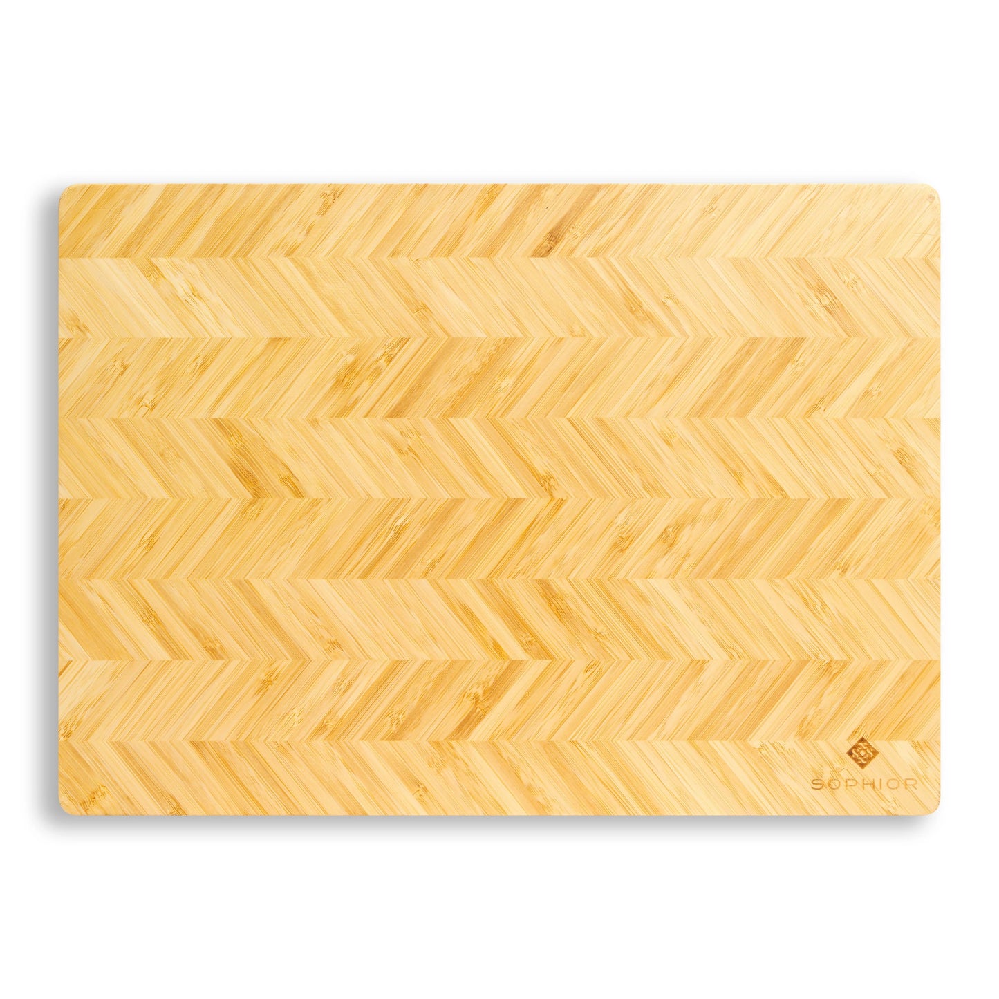 Bamboe Snijplank – 42×30×1,8 cm bovenaanzicht met visgraatpatroon en SOPHIOR-brandmerk