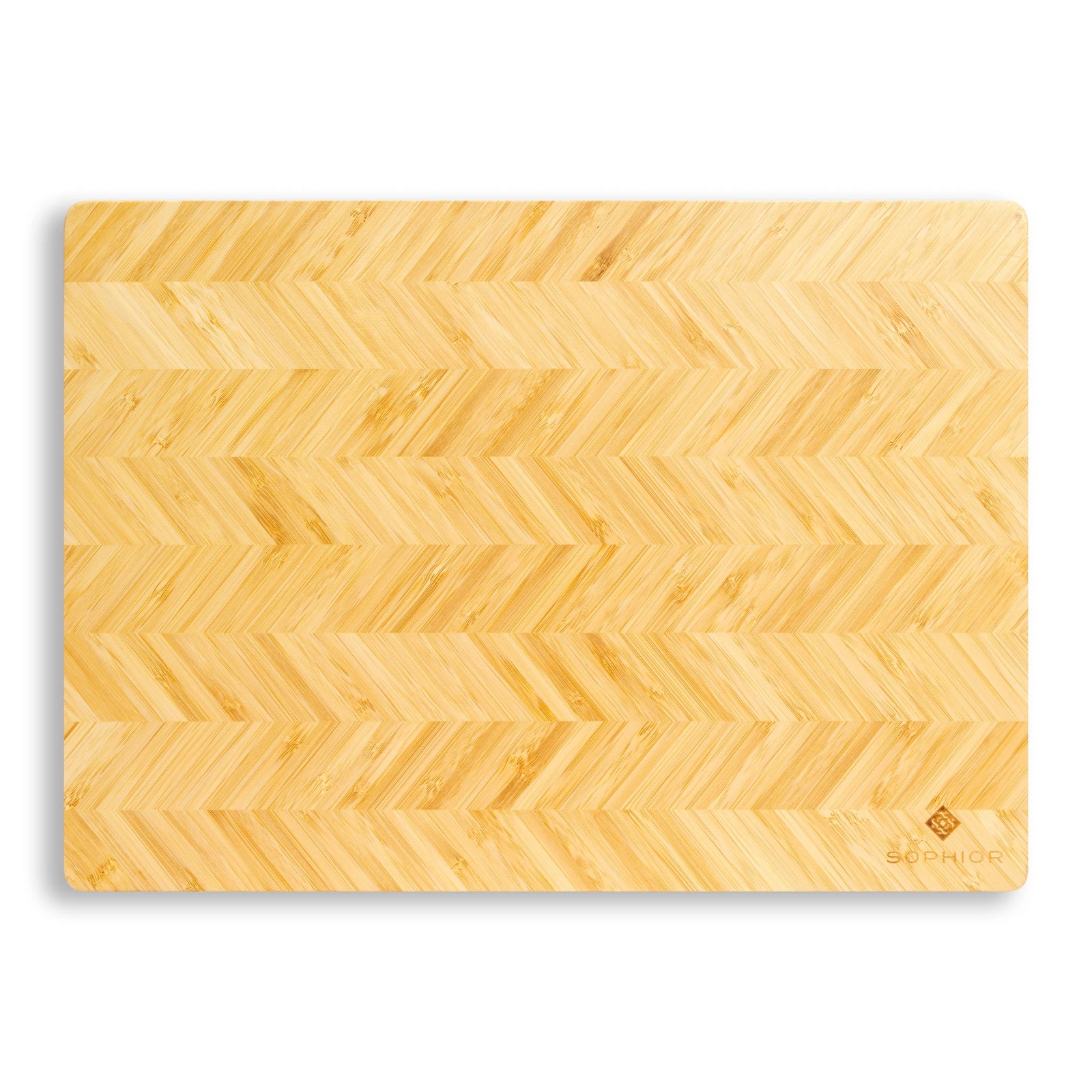 Bamboe Snijplank – 42×30×1,8 cm bovenaanzicht met visgraatpatroon en SOPHIOR-brandmerk