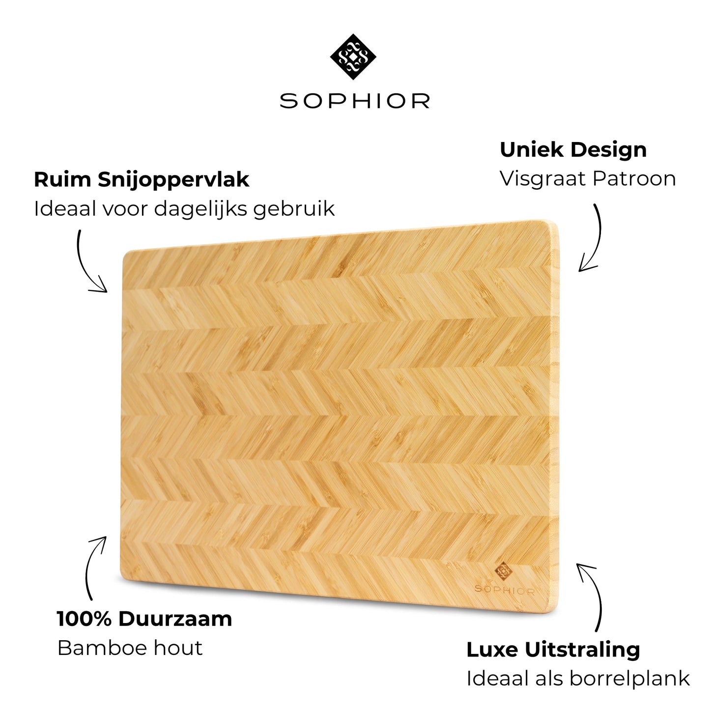 Bamboe Snijplank – 35×25×1,8 cm infographic met productkenmerken en visgraat-patroon