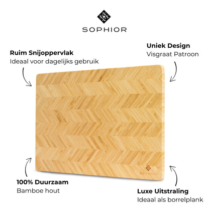 Bamboe Snijplank – 42×30×1,8 cm infographic met ruim snijoppervlak en duurzaam bamboehout